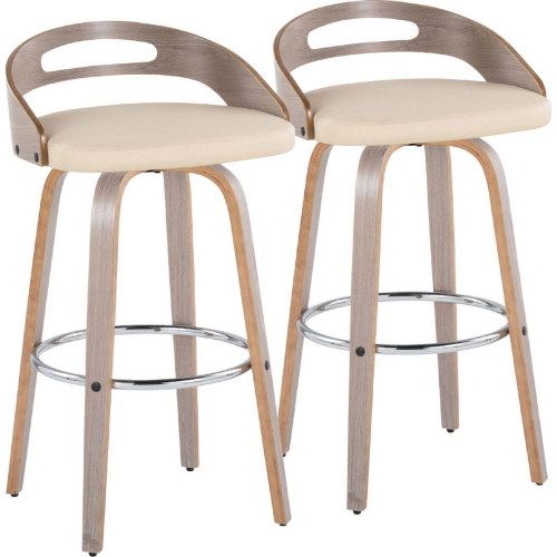 Cassis 30" Swivel Bar Stool in Light Grey Wood & Cream Leatherette with Chrome Footrest (Set of 2)